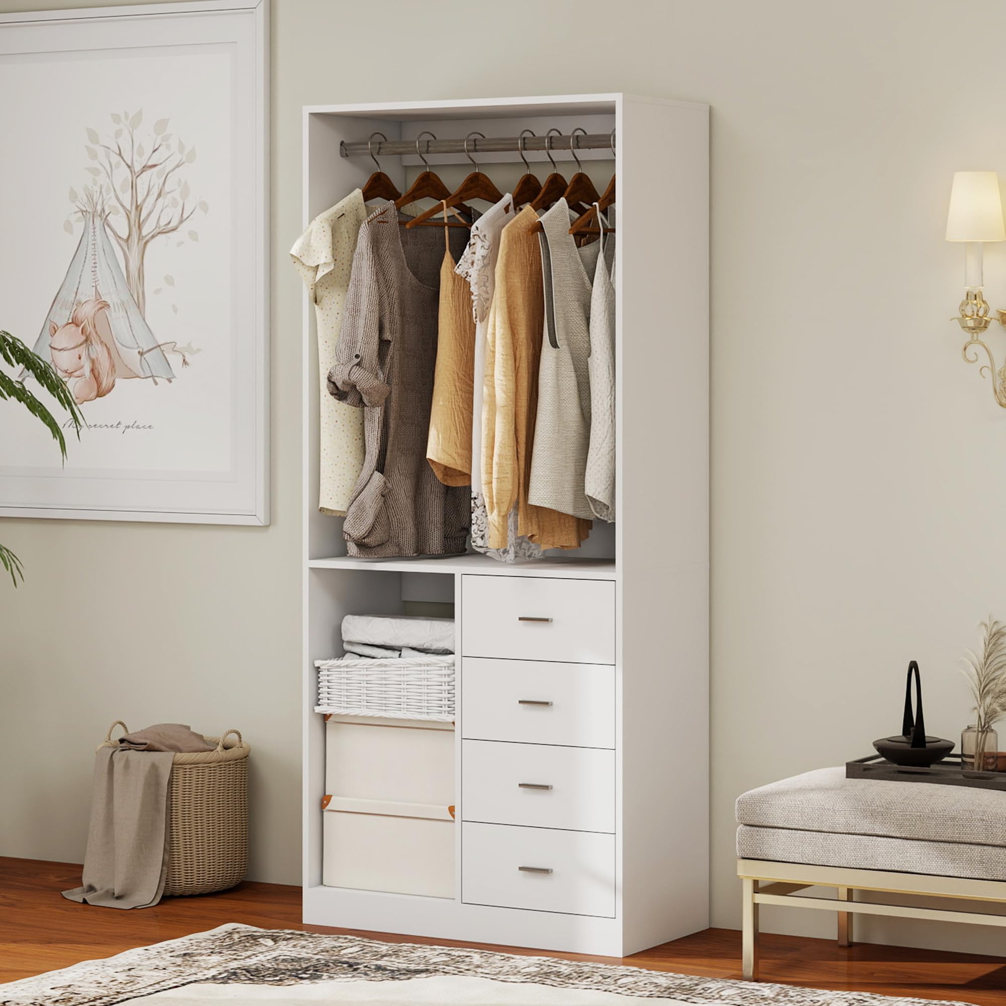 Keloyid Wood Closet Systems for Built in Closets: Garment Rack with 4 Drawers and Hanging Rail for Built-in Closet or Bedroom Wall Mount White 31.5