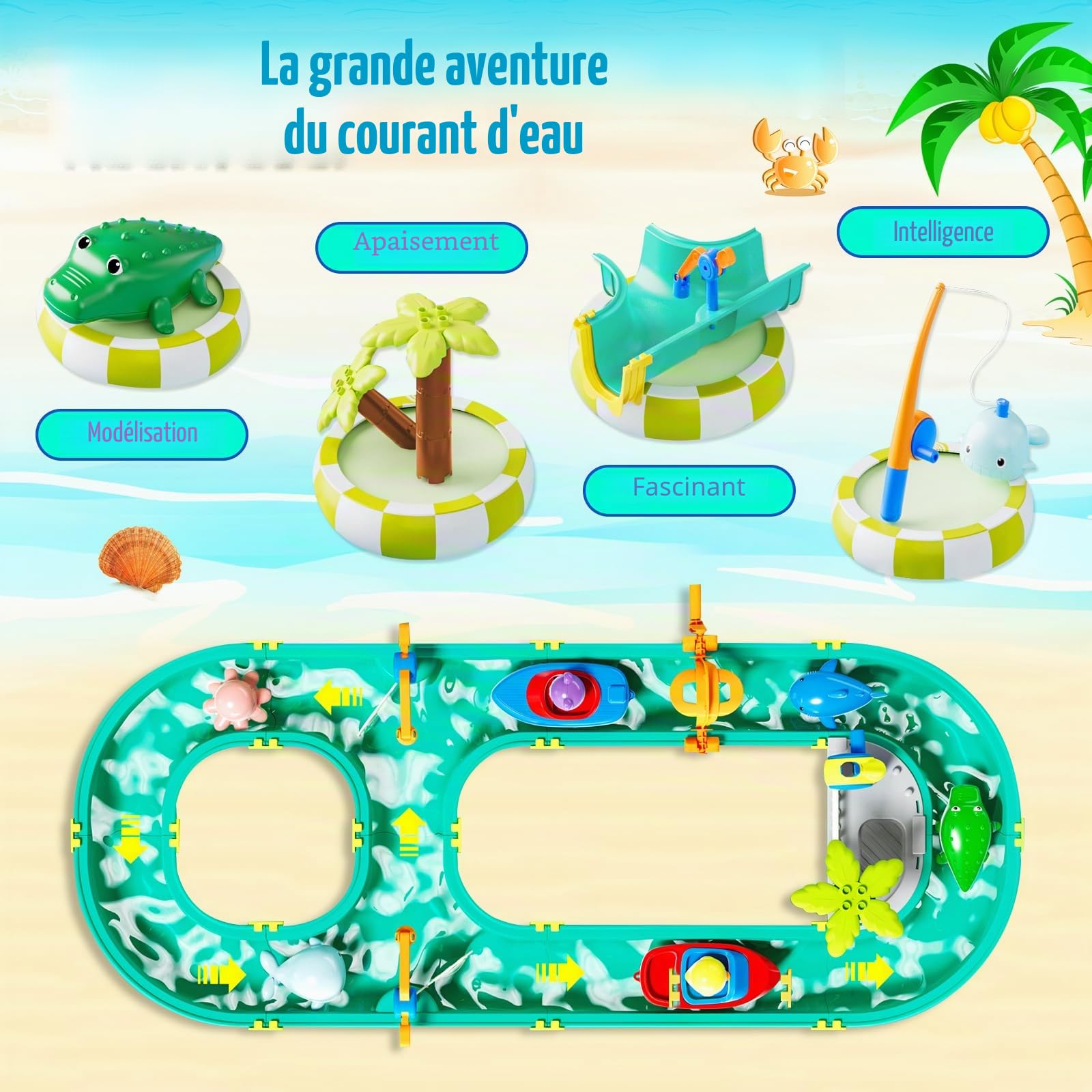 Joellfuner Circuit aquatique d'extérieur 2 en 1 pour enfants - Avec 2 bateaux, 6 figurines d'animaux, 2 pistolets à eau et fonction de pêche, jouet de table à eau pour garçons et filles (A)