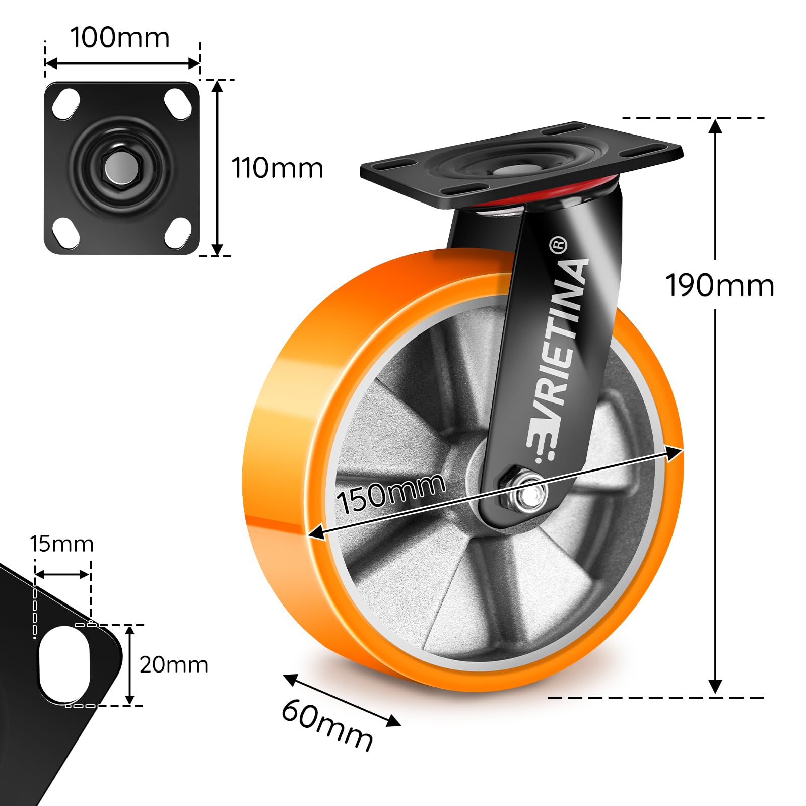 4 Stück Schwerlastrollen 150mm inkl. 2 Lenkrollen und 2 Bockrollen | 360° Drehbar Alu Schwerlast Lenkrollen mit Mund einfetten für Forschungslabore, Industrielle Anlagen, Traglast 1350 kg