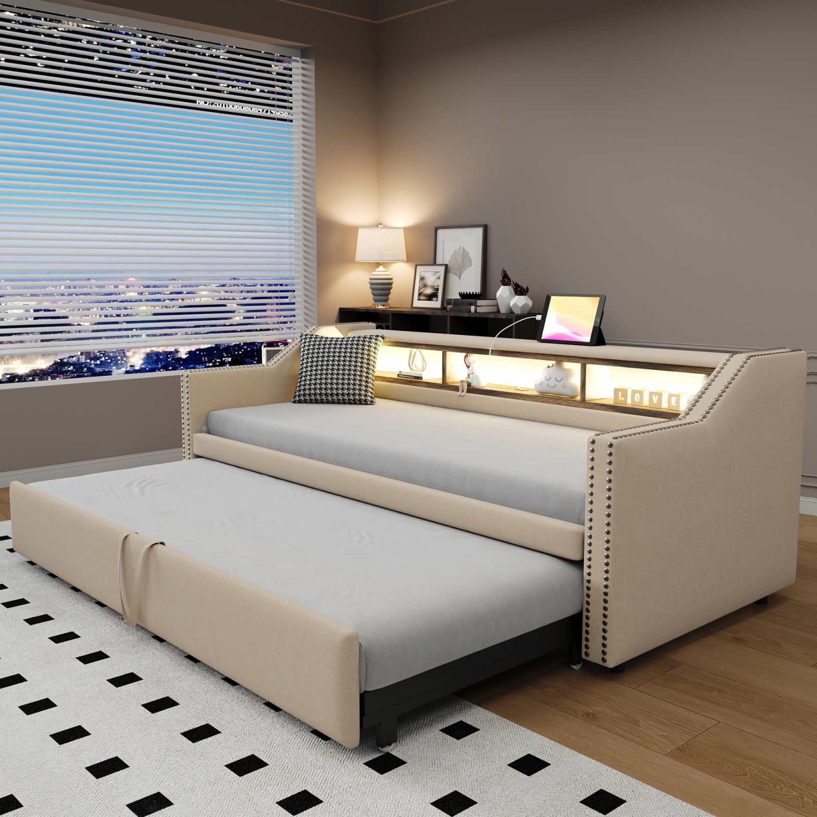 YEHTOKHOME Lit rembourré 90/180x190cm,canapé-lit Extensible avec lumière LED Multicolores et 2 USB Port de Charge, Multifonctionnel Compartiment de Rangement(sans Matelas) (Beige)