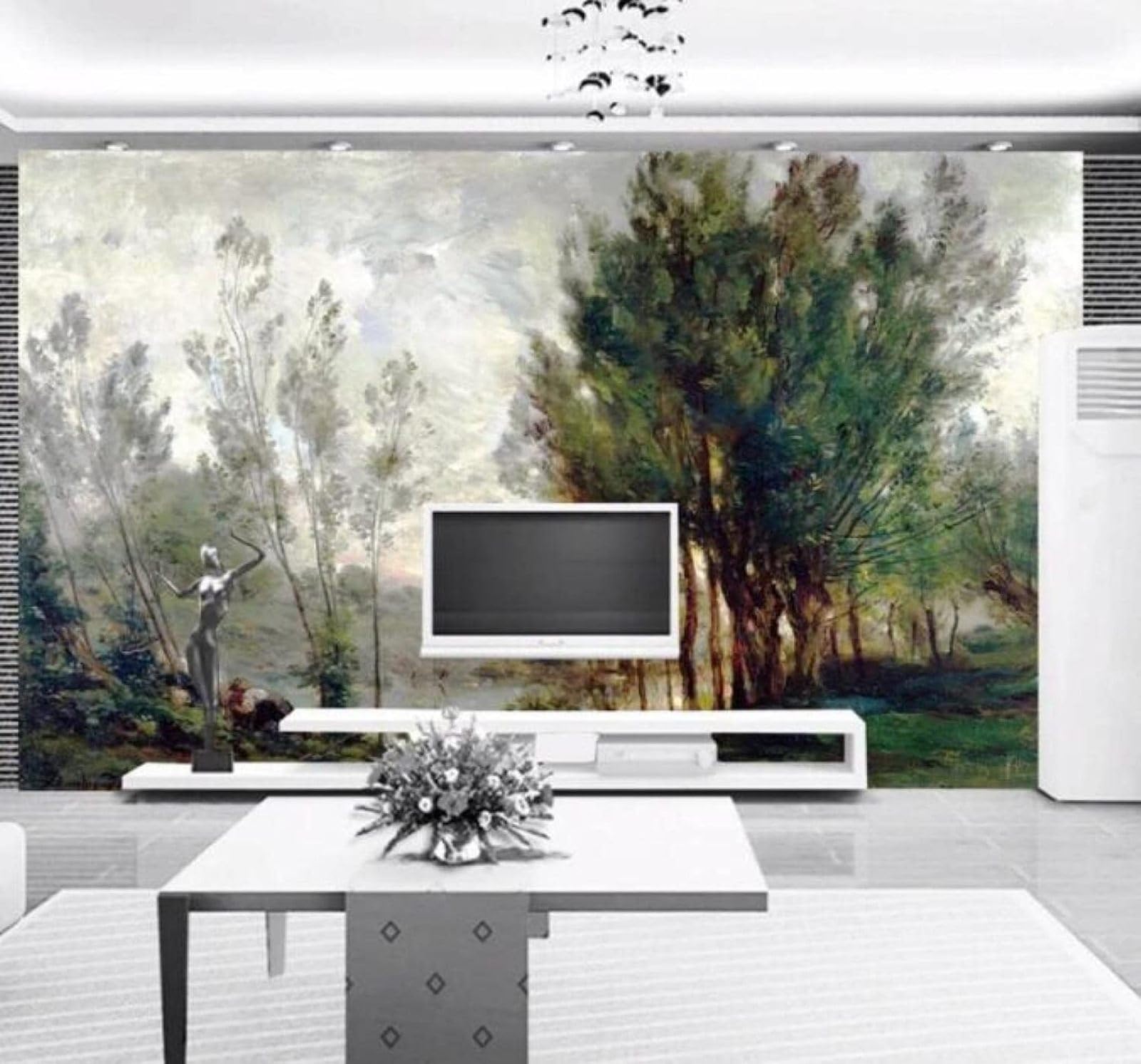 Xlming 350Cm×256Cm(B×H) Hand Drawn Watercolour Green Trees Pastoral Scenery 3D Wallpaper Luxury Silk Study Dining Feature Sofa Grey Bedroom Living Room Tv Decorative Wall-350Cm×256Cm