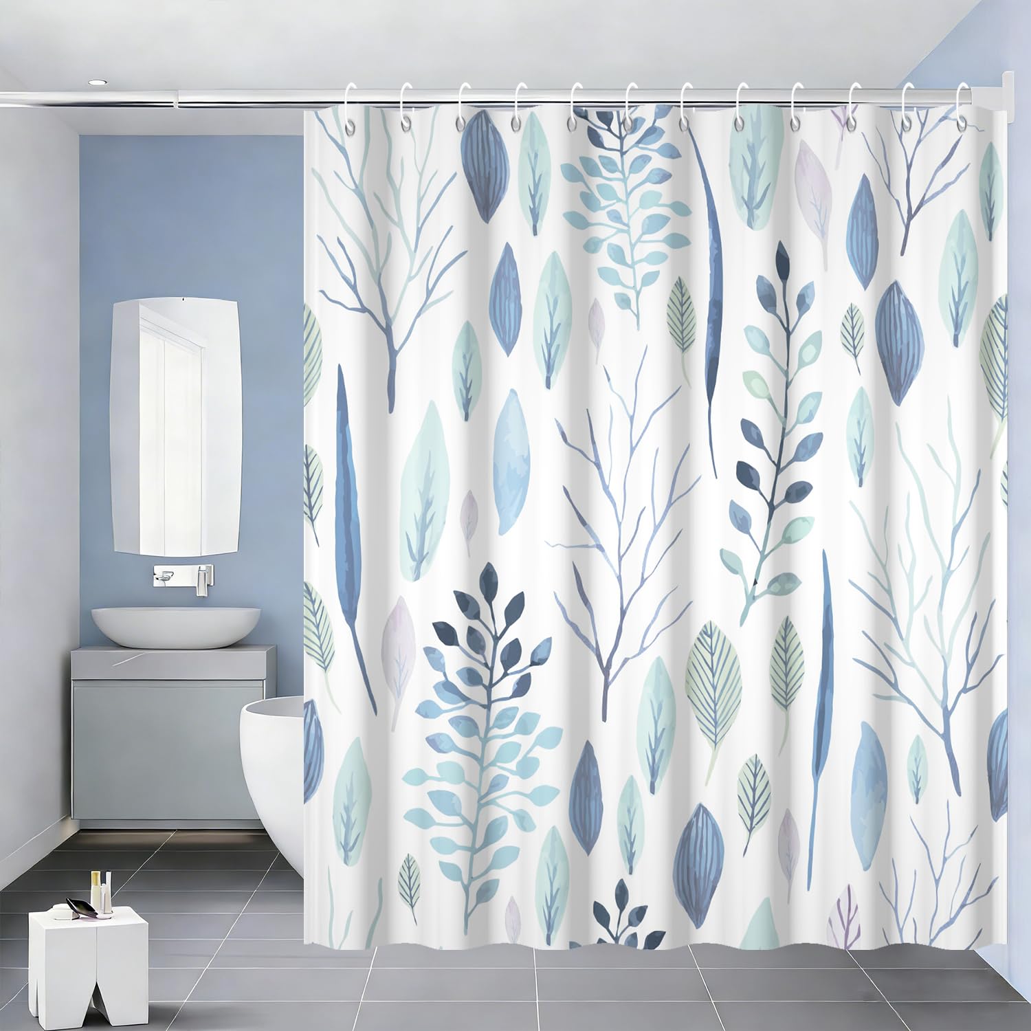 Rideau de douche 183x183 cm blanc et aquarelle avec crochets pour salle de bain