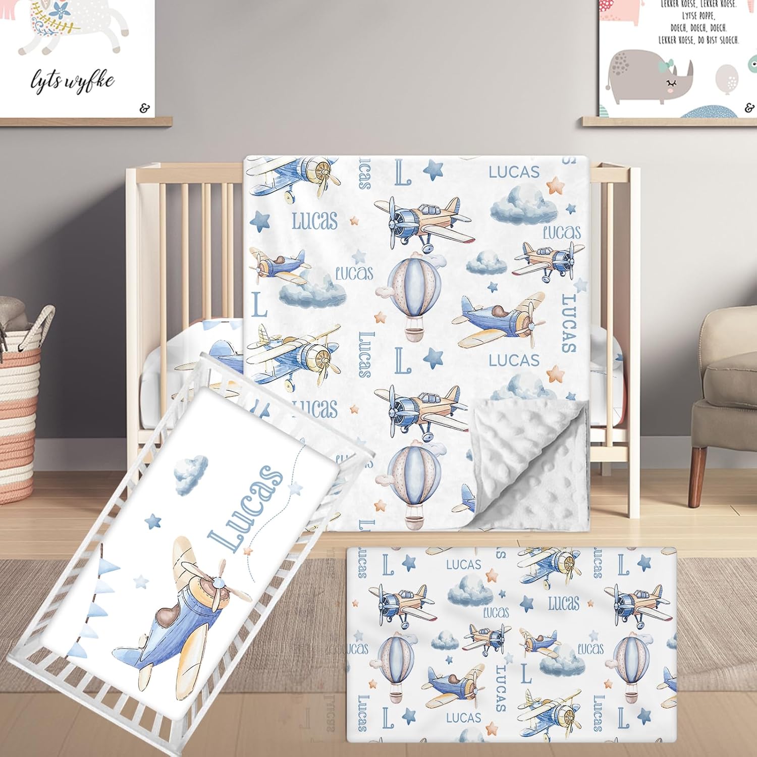 Terwex Custom Name Crib Bedding Set, 3 Pcs Personalized Baby Crib Bedding Set, Soft Blue Plane Nursery Crib Sets for Boys Girls, Double Layer Toddler Bedding Set Customized Gifts for Newborn Kids