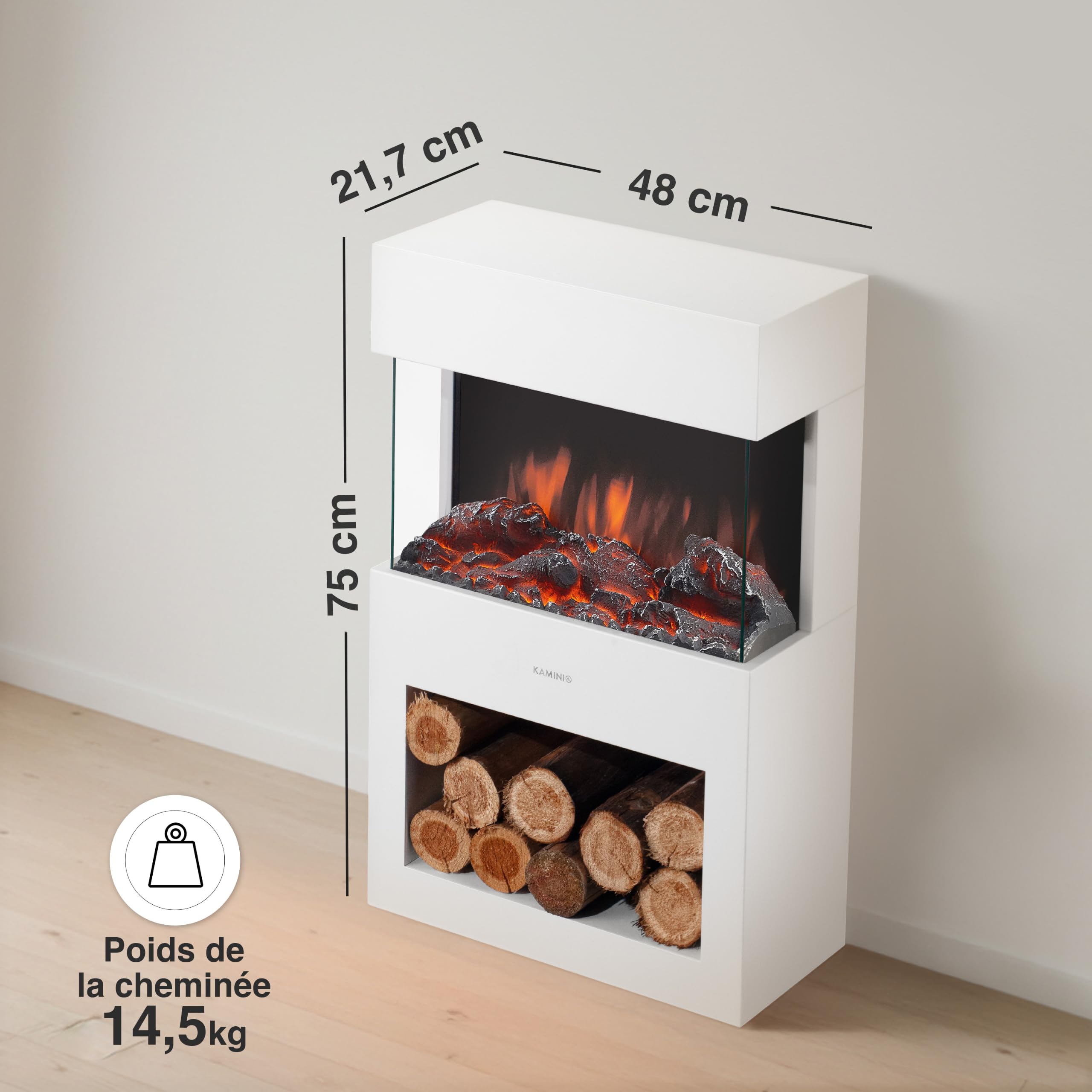 KAMINIO Cheminée Electrique Henri - Poêle Électrique avec Chauffage, Effet de Flamme 3D, Compartiment à Bois, télécommande (Blanc)