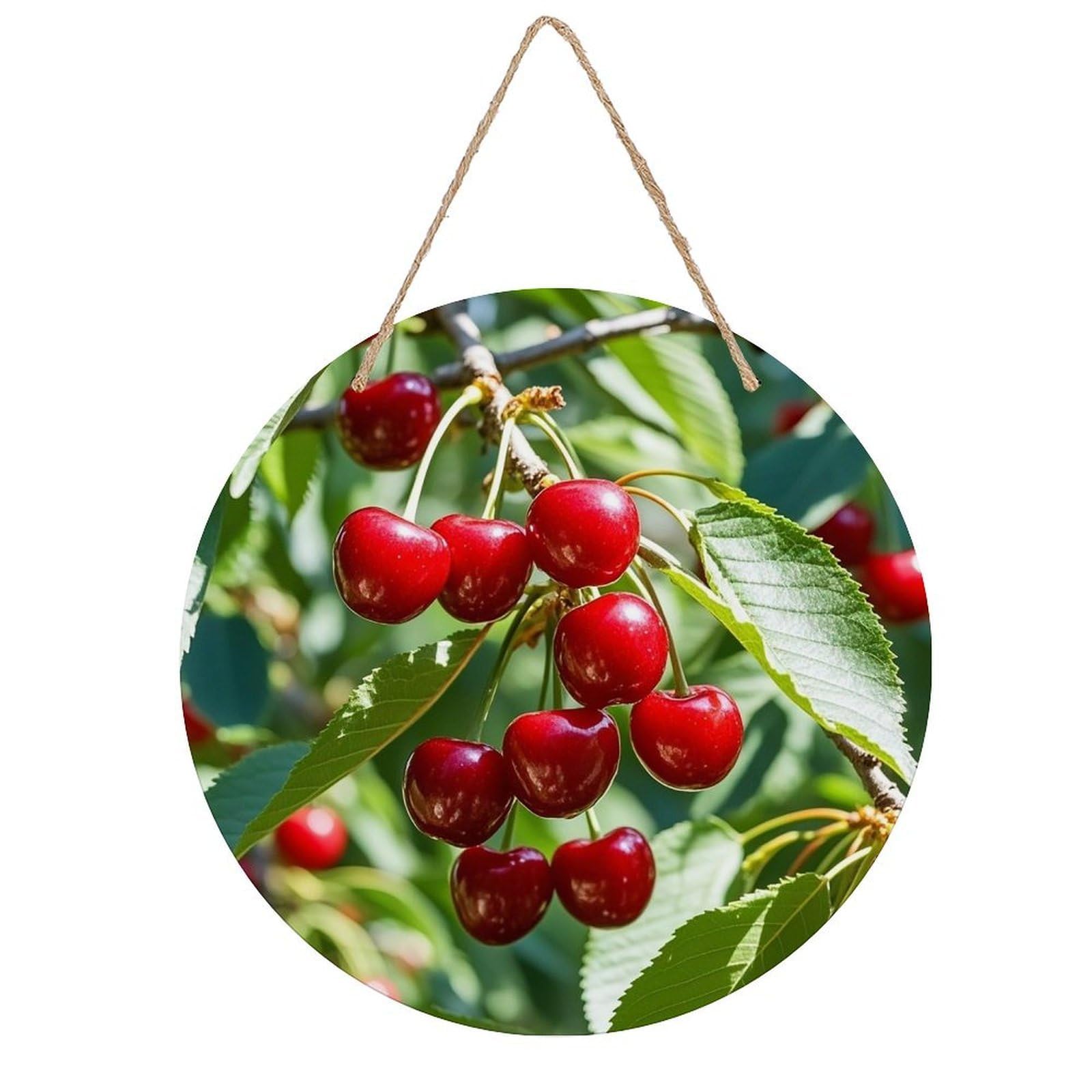 FekiLoot Round Cherry Wall Art Decor Painting Wooden Hanging Sign with Ropes Bohemian Wall Hanging Retro Mid Century Modern Wall Art for Home Bedroom Living Room 7.9x7.9 in