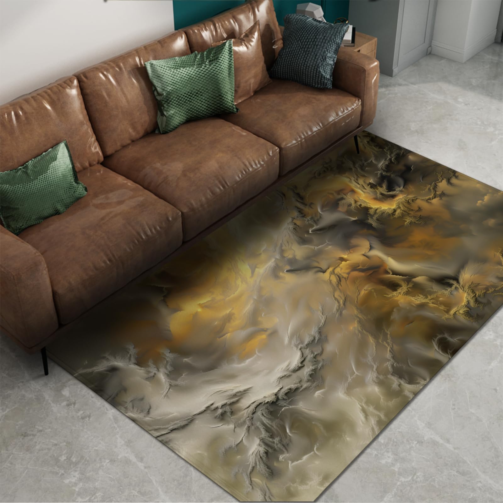 Teppich im modernen Stil 160x240cm - Abstrakte Bunte Wolkenteppiche Gelbgold Farbverlauf Dark Clouds waschbarer Rutschfester dünner Teppich mit niedrigem Flor für die Veranda