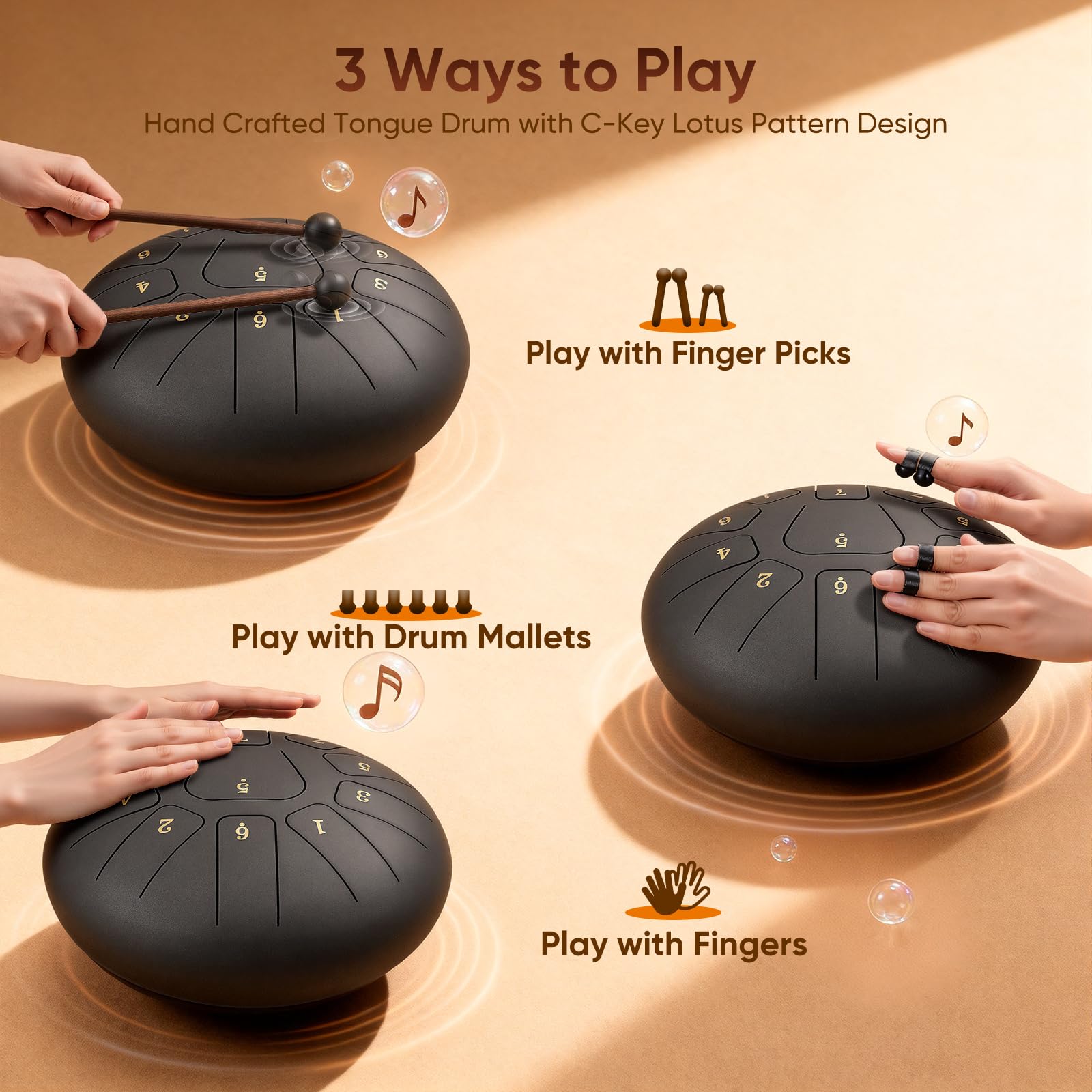 Tambor de lengua de acero 10 pulgadas 11 tonos Percusión con mazo de goma/yemas de los dedos/bolsa de viaje acolchada para adultos y niños