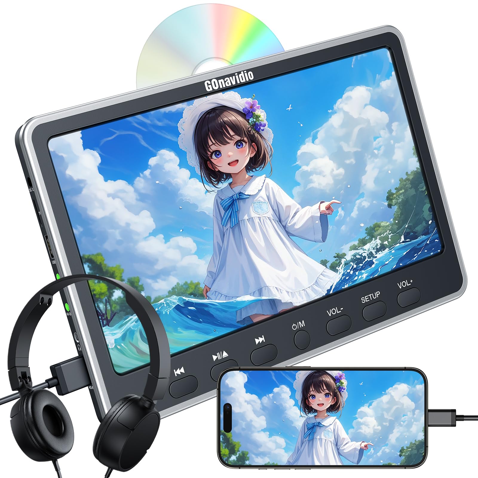 GOnavidio 12'' Lettore DVD per Poggiatesta da con Ingresso HDMI, Lettore DVD per Auto con Supporto per Cuffie Gratuito Scheda USB/SD, Regione Libera (Nessuna Batteria)