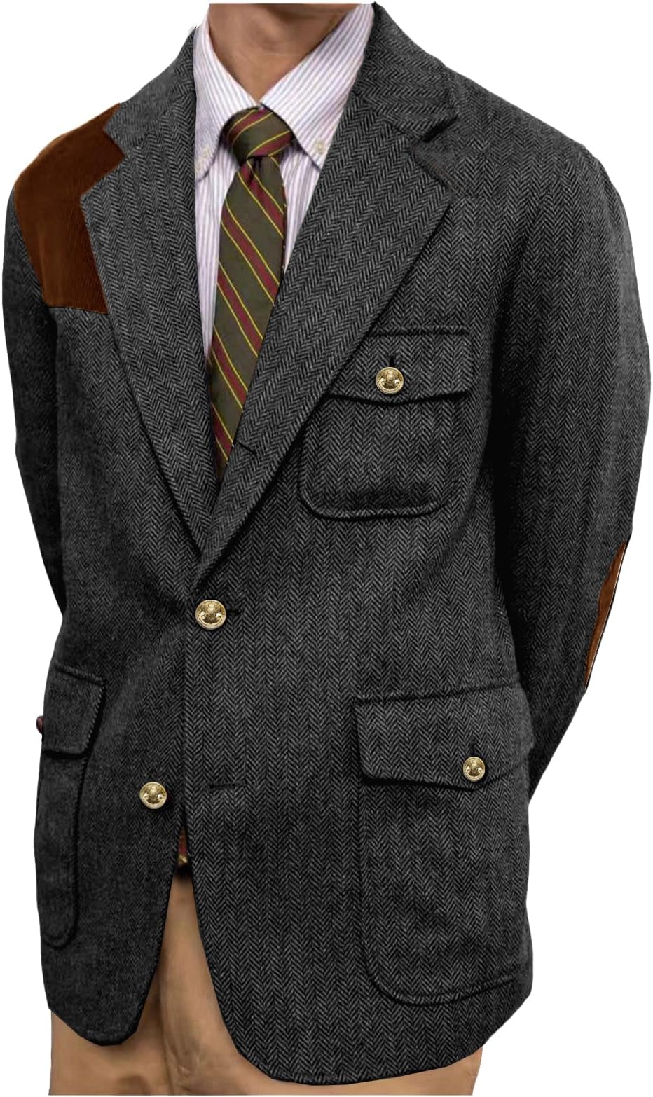Men's Herringbone Blazer Single Breasted Notch Lapel Patchwork Business Suit Jacket Vintage Outdoor Sport Coat