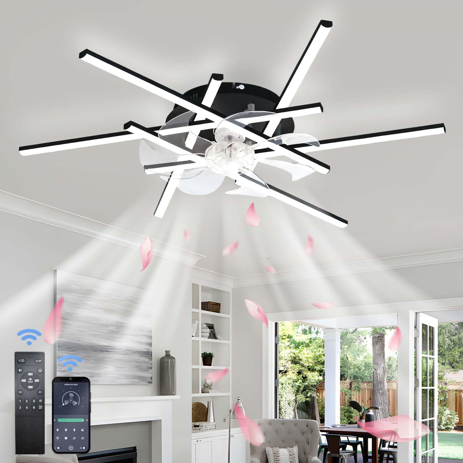 HXYSXHJUO Ceiling Fans with Lights,aplikacja I Pilot Zdalnego Sterowania, Lamps, Reversible DC Motor，Stepless Color Temperature,Quiet Fan Lights for Bedroom Living Room-Black