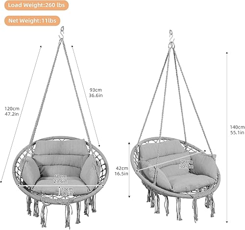 Miniatura 4 de Goutime Silla tipo hamaca, sillas colgantes de macramé con cojín y kit de herramientas, columpios bohemios para adultos para exteriores, patio, Gris