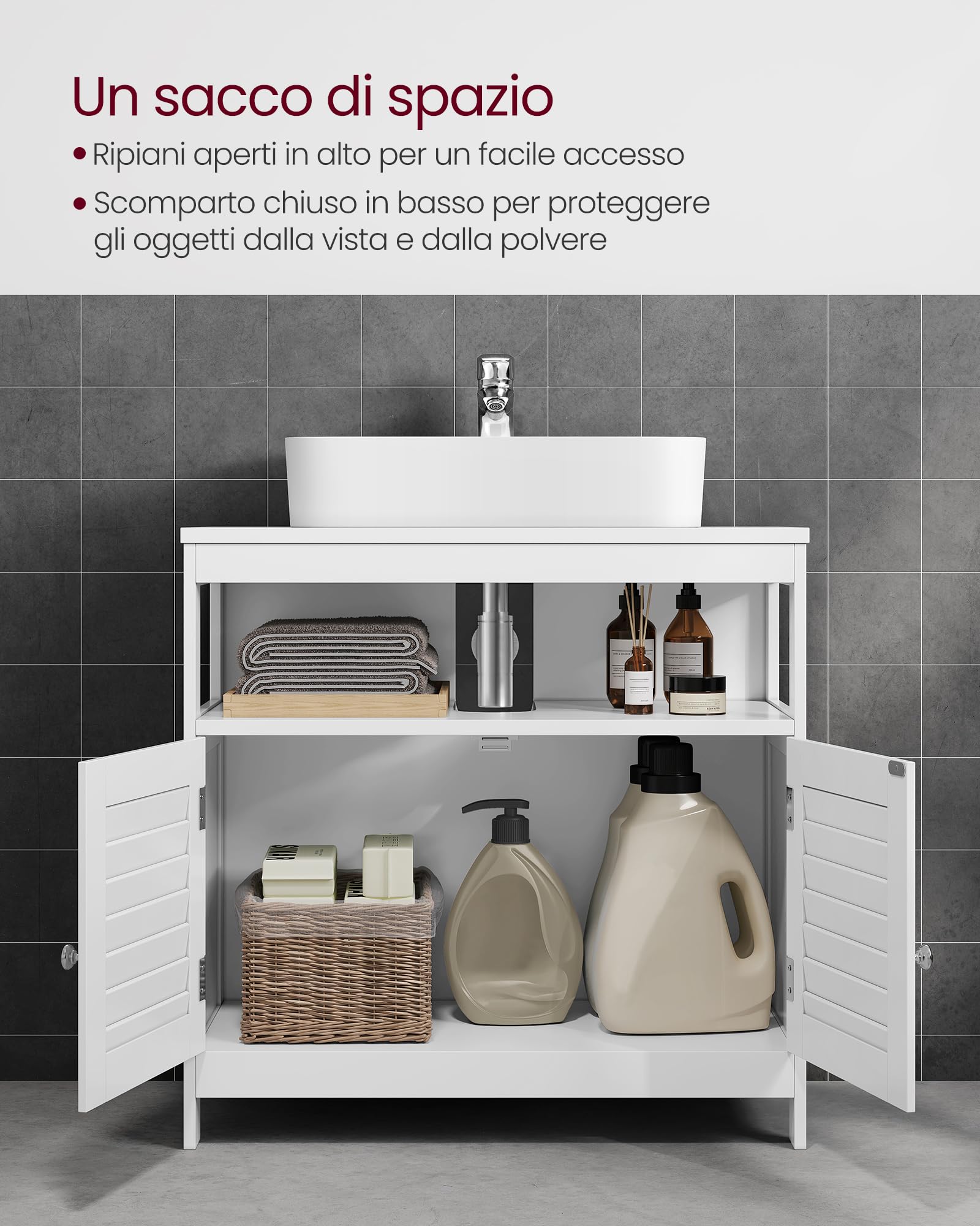 VASAGLE Mobile Sottolavabo per Bagno, Mobiletto da Bagno, 2 Ante a Persiana, Capiente, Design Moderno, 30 x 60 x 60 cm, Bianco BBC02WT