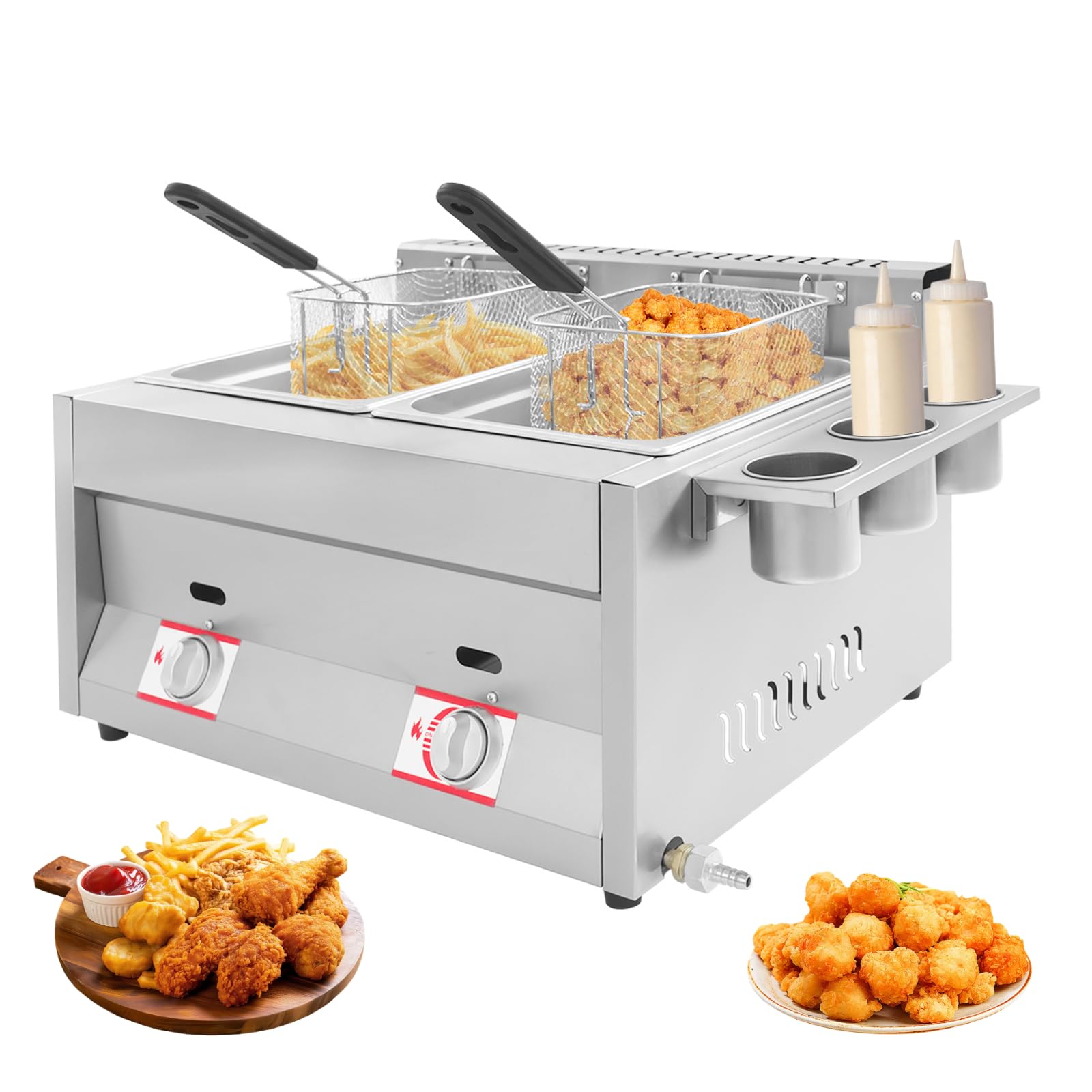 Friteuse à gaz double avec 2 paniers, 2 x 6 l friteuse à gaz professionnelle, plage de température 50-380°C, friteuse à gaz avec 3 gobelets à épices pour les ménages, les restaurants, les