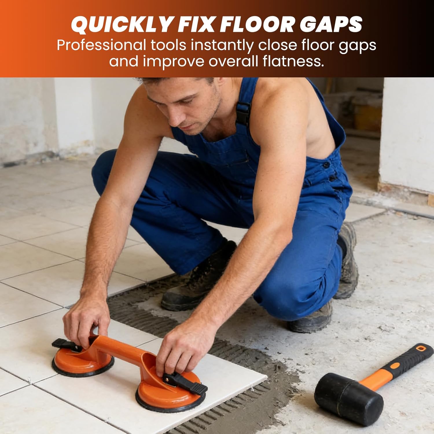 Sakerplus Laminate Floor Gap Repair Tool, Floating Flooring Fixer Kit with Heavy Duty Aluminum Suction Cup and Rubber Mallet for Smooth Surface Wood Floor, DIY Floor Gap Fixer Tool (Orange)