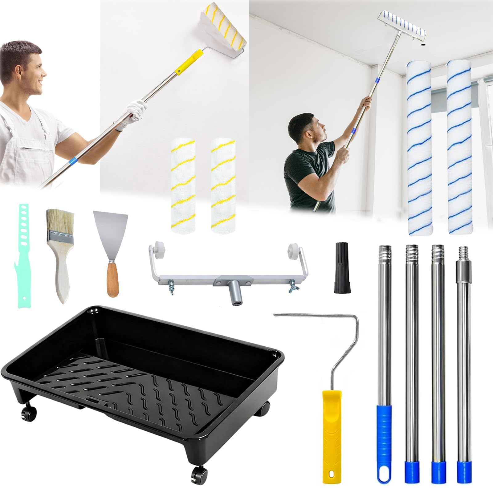 15 PCS Paint Roller Set,Roller Sets for Painting with 2 Pcs 18'' + 9'' Paint Roller Sleeve,Extendable Paint Roller Frame, Paint Roller Tray with Wheels,Extension Pole Scraper for Walls Ceiling Doors