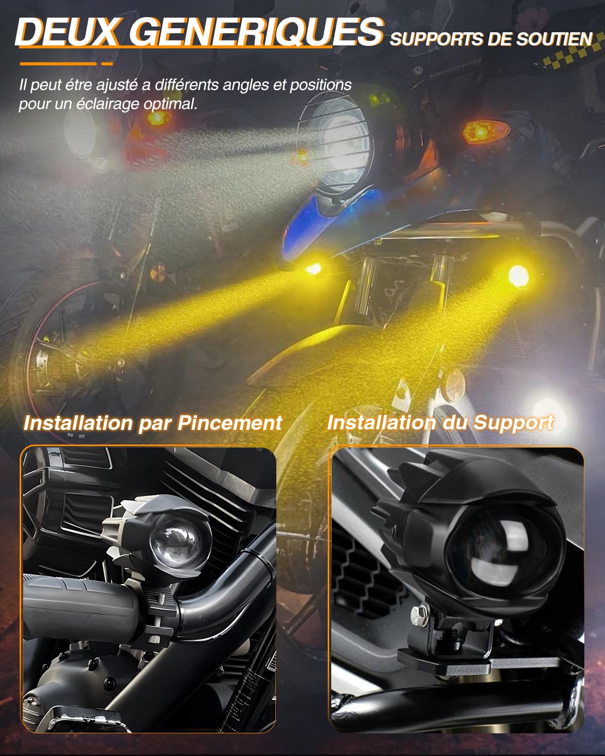 BraveWAY 60 W 18000 LM Luci aggiuntive Moto Faro Migliorato LED Ausiliario Antinebbia Bianco Ambra Impermeabile 9 Modalità Stroboscopiche Kit di Cablaggio Plug and Play e 2 Supporti di Montaggio