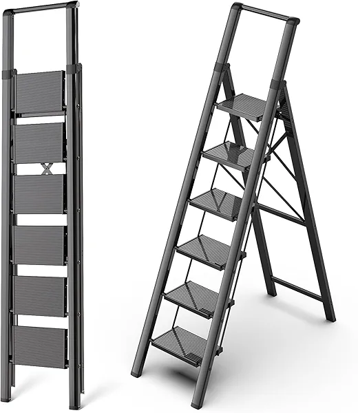 GameGem 6 Step Ladder, Aluminum Folding Step Stool with Anti-Slip Sturdy and Wide Pedal, Portable Lightweight Stepladder with Convenient Handgrip for Home, Office, Kitchen Use Black, 330 lbs Capacity