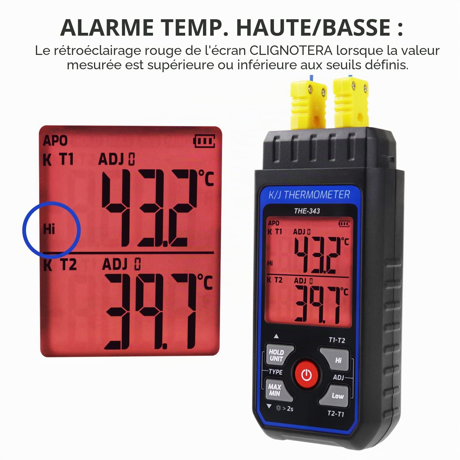 Thermomètre Thermocouple Numérique de type K avec 4 Thermocouples, Plage de Mesure de -200~1372℃, Thermomètre HVAC à double Canaux, Jauge de Température avec Compensation ADJ