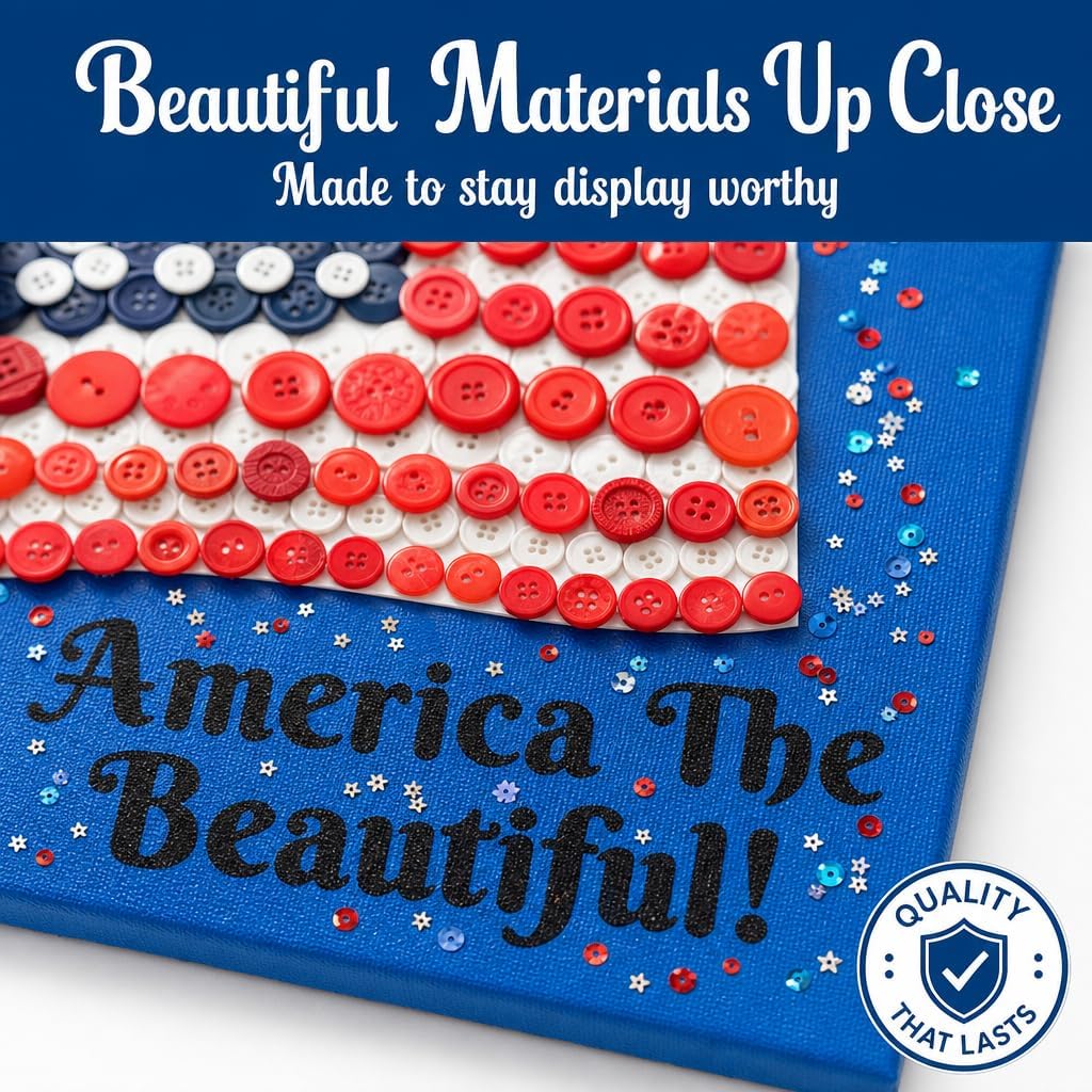 Buttons Galore and More DIY American Flag Button Art Kit – 8x10 Canvas Craft Kit for Adults & Kids