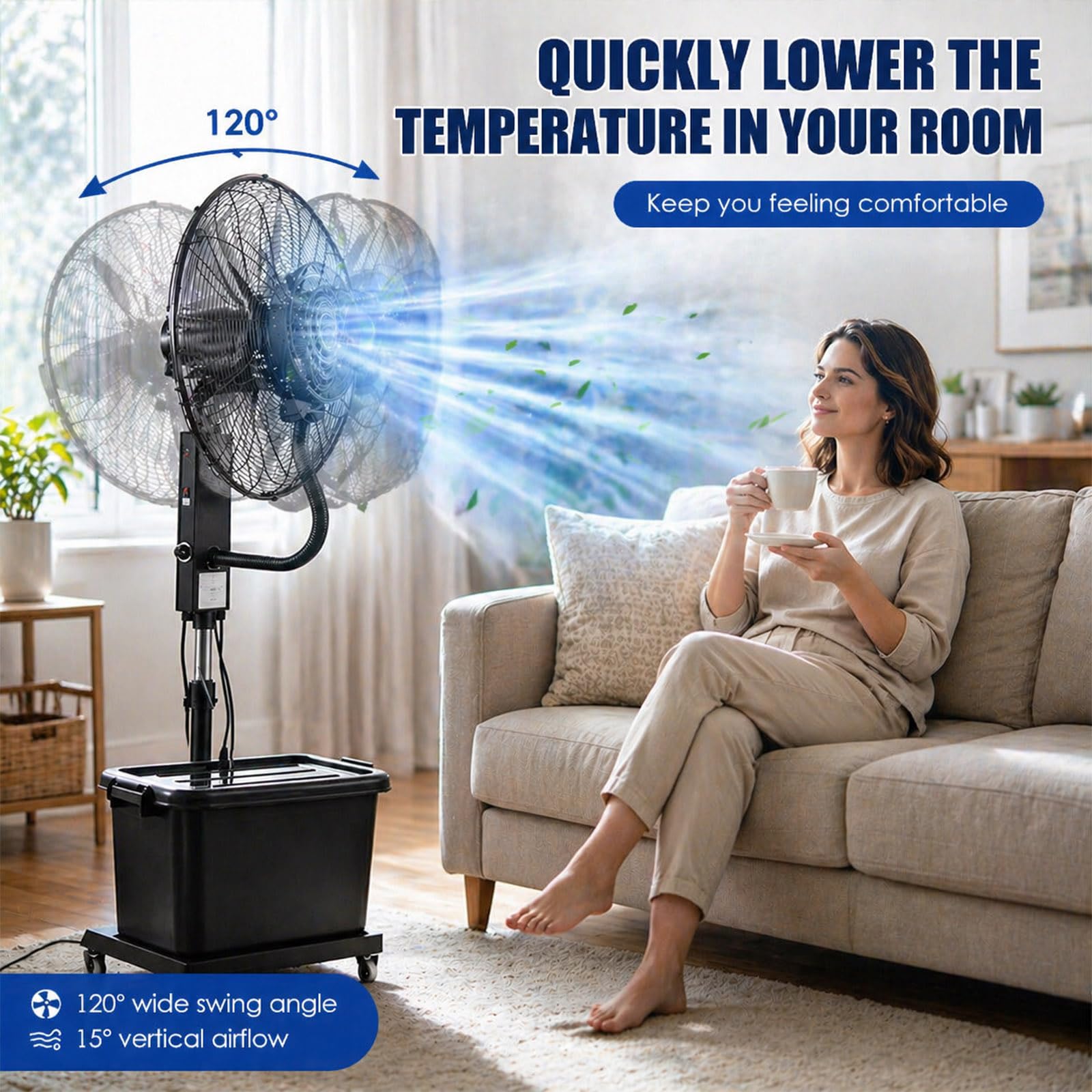Ventilador Nebulizador de Pie 40L, Ventilador Industrial con Ruedas, Oscilación 80°, Inclinación 15°, 3 Velocidades, Alto Caudal para Terraza Exterior Patio Restaurante, Grandes Espacios