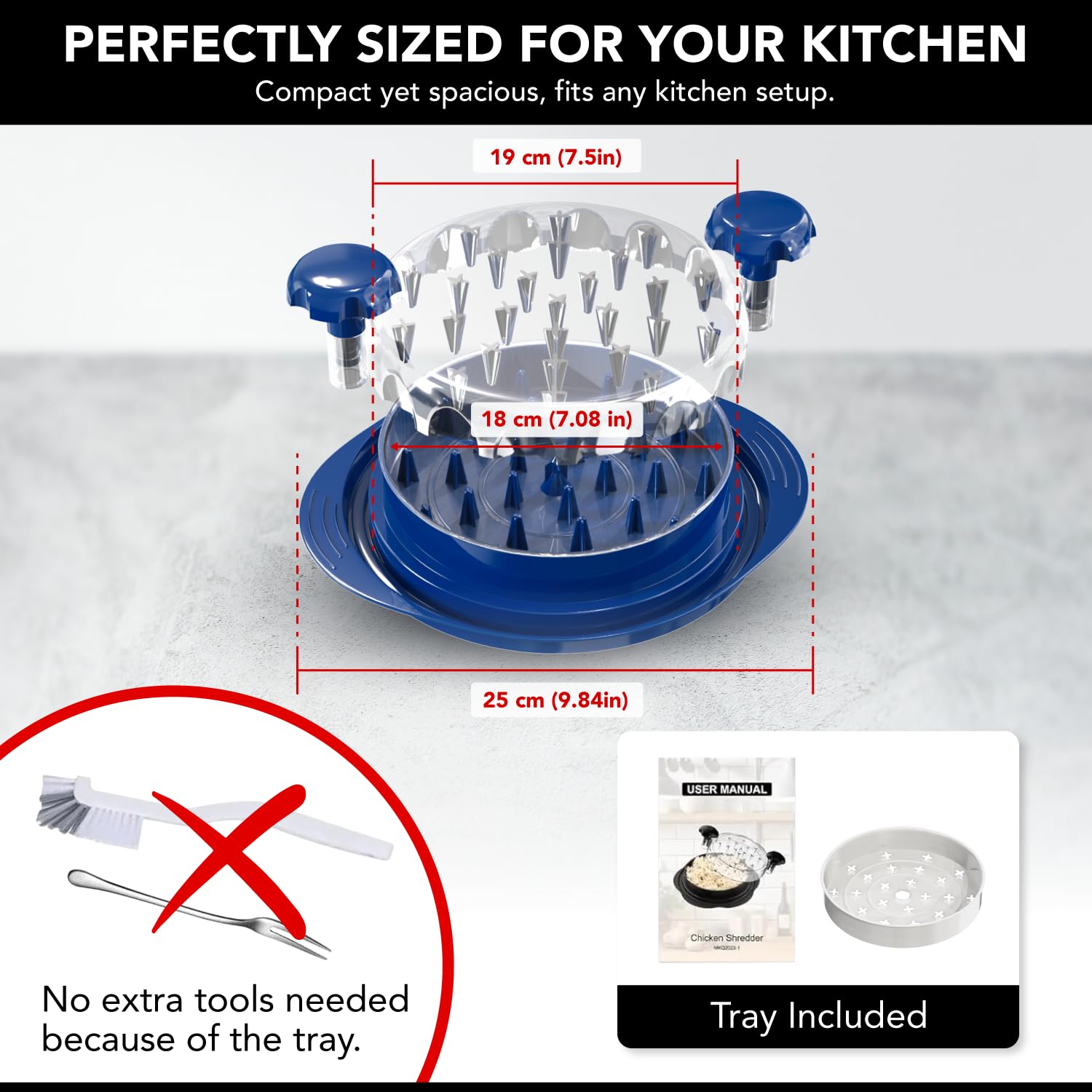 Trituradora de pollo con bandeja, trituradora de carne rápida y fácil para pollo, cerdo o carne de res, sin BPA, base antideslizante, apta para lavavajillas, accesorio de barbacoa manual, diseñado en 7