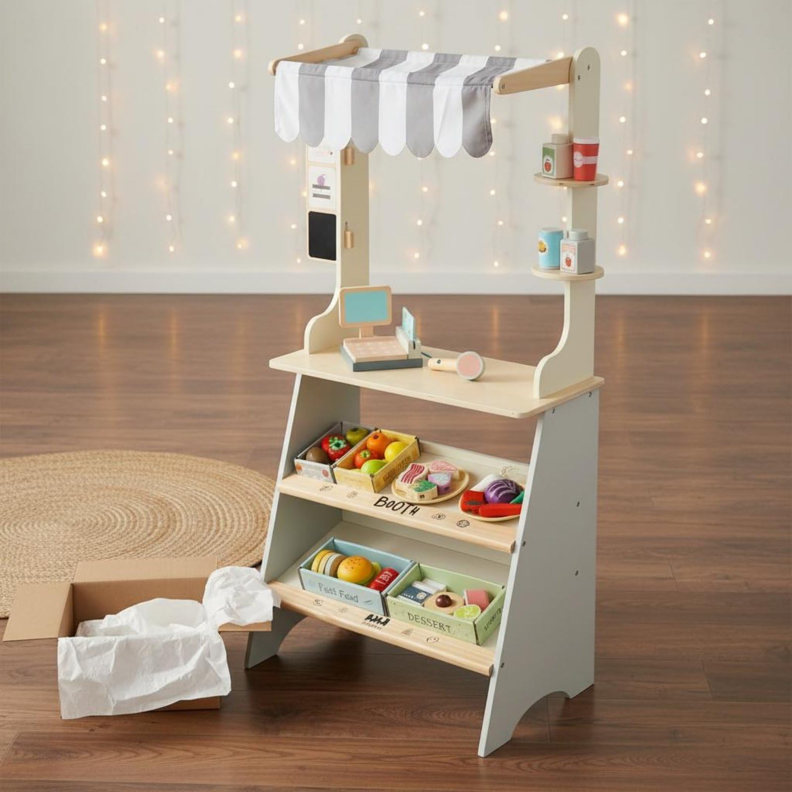 Kinder Kaufladen Holz Spielstand Rollenspielgarnitur mit Registrierkasse Und Lebensmittelzubehör Lernsituation für Kommunikative Entwicklung für Gemeinschaftsräume Kinderpartys