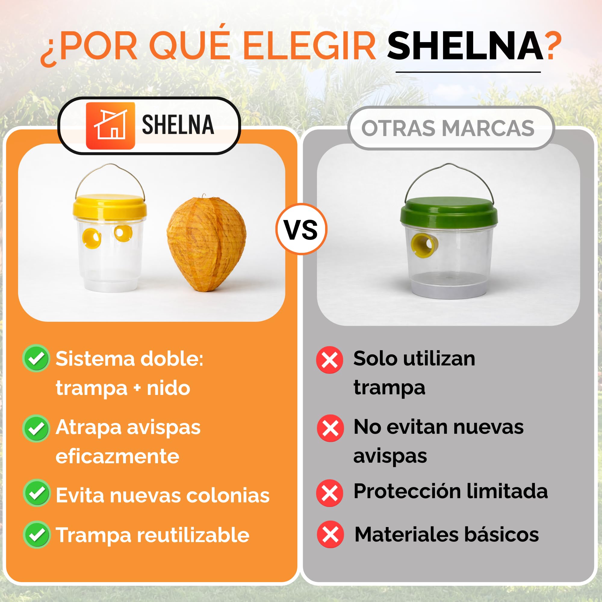 SHELNA Trampa Avispas Exterior, Pack 2, Incluye Nido Repelente + Trampa para Avispas, Reutilizable y sin Químicos para Jardín, Terraza, Piscina, Barbacoas, Colmenas de Abejas y Anti Avispas Exterior