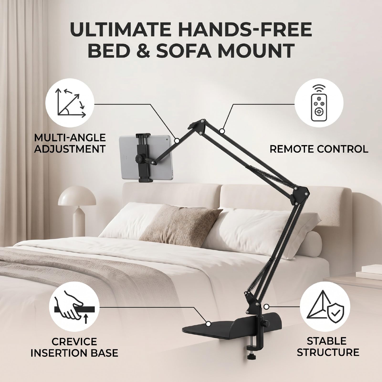 Bett-Telefon- und Tablet-Halterung mit Bluetooth-Fernbedienung, Telefon-Tablet-Halterung für Kopfteil-Desktop-Sofa, 360°-Drehung, 240°-Klappung, Nicht Beschädigende Fugenbasis,
