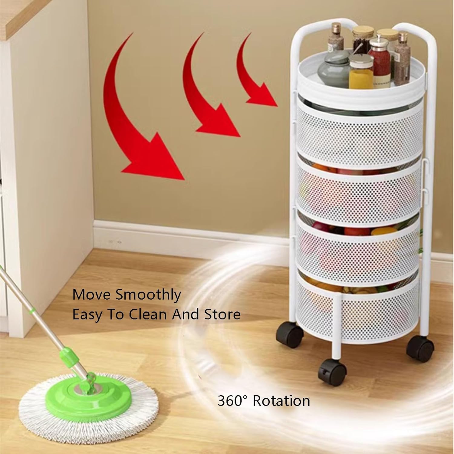 Round Rotating Fruit and Vegetable Shelf,Multi-Layer Storage Rotating Basket,Bathroom Shelf with Wheels,for Kitchen Bathroom Bedroom(White,4 Tiers)