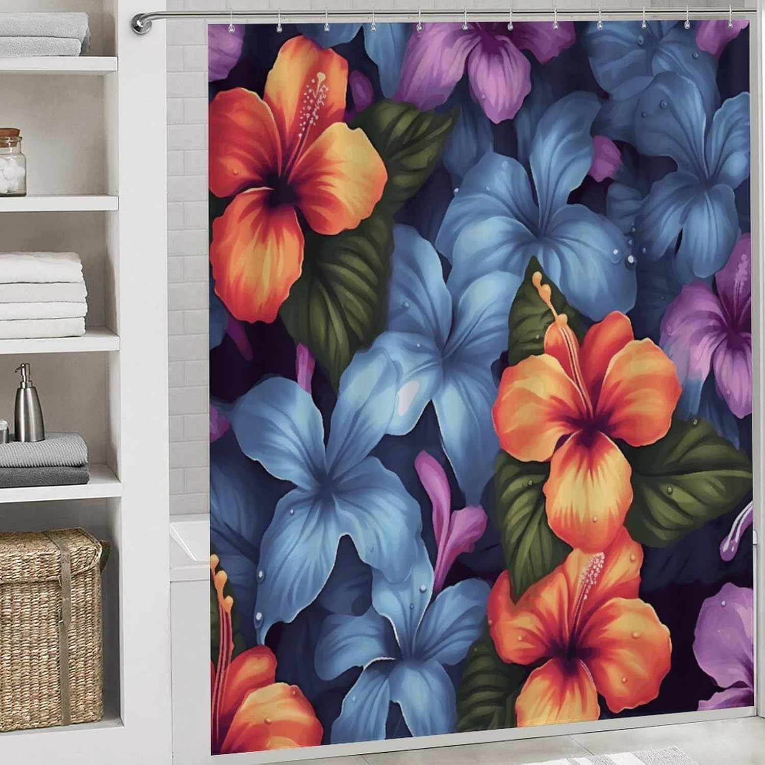 Tropical Floral Shower Curtain Set 4 Piece, Non-Slip Bath Mat with Toilet Lid Cover and Waterproof Shower Curtain with 12 Hooks, Complete Bathroom Set for Home Decor