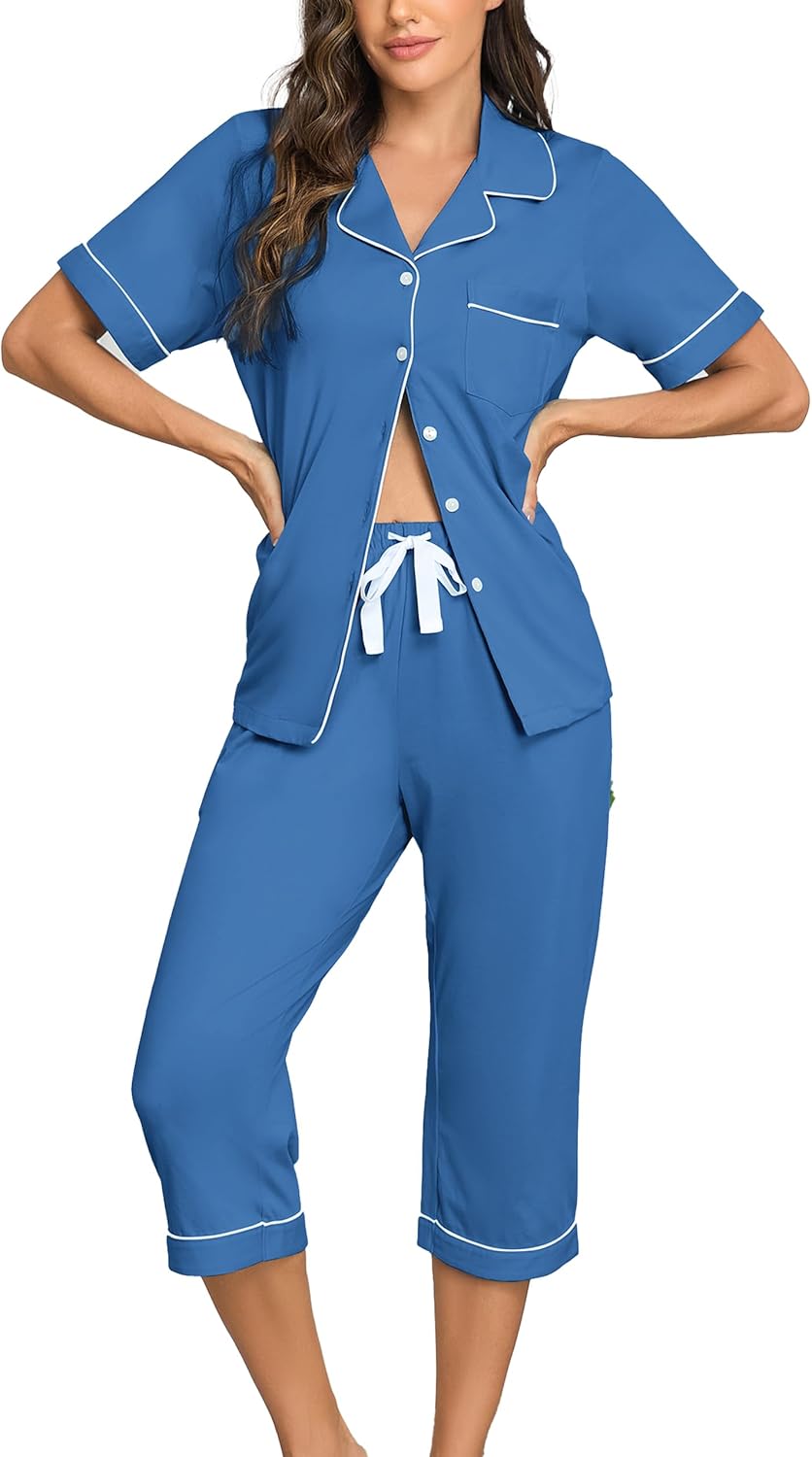 EA'S SECRET 100% Cotton Pajamas for Women Set Short Sleeve Button Down Sleepwear Capri Nightwear Pjs Loungewear