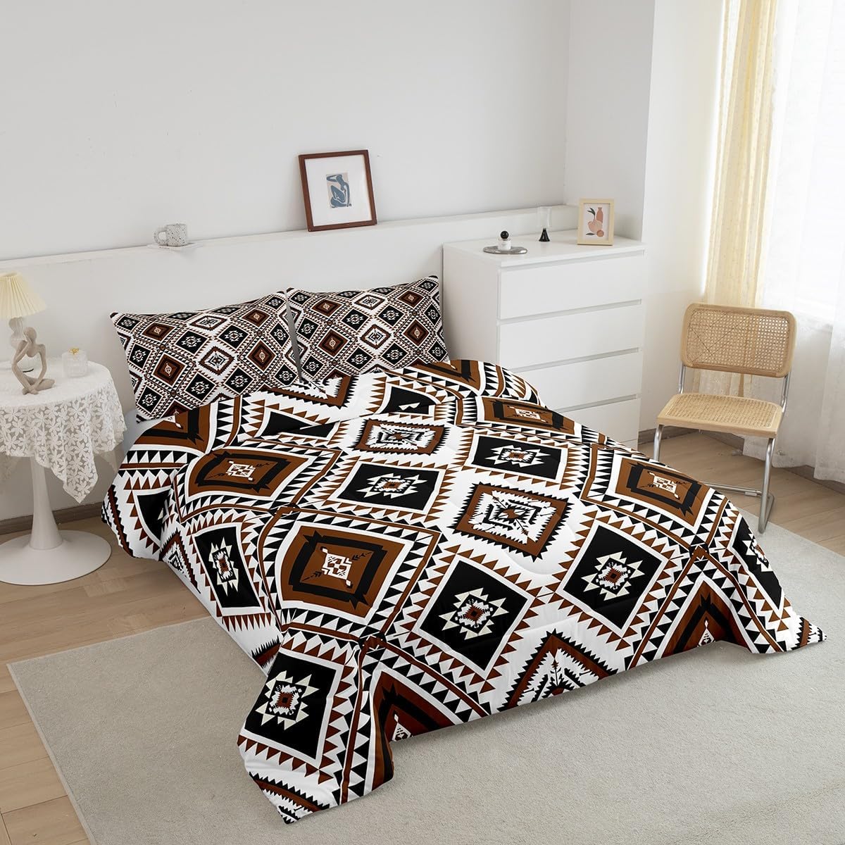 Ethnic Bohemian Down Comforter Full Western Boho Aztec Bedding Set Southwestern Comforter Set Exotic Mexican Geometric Diamond Quilt Duvet Insert Black White Brown Home Room Decor 2 Pillow Cases