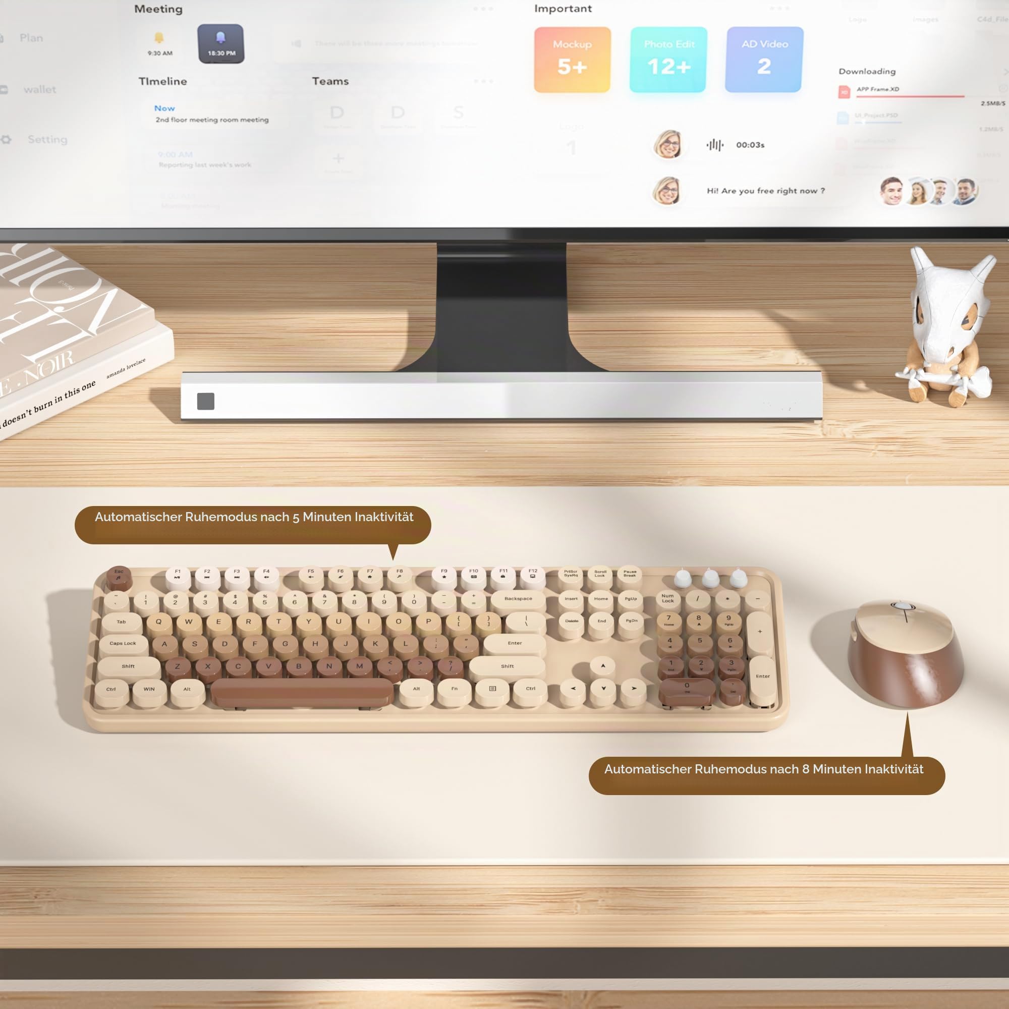 SOLIDEE kabellose Tastatur- und Maus-Kombination,Retro-Schreibmaschinen-Tastatur,2.4GHz runde Tastenkappe Tastatur mit Ziffernblock,104 Tasten ergonomische(Amerikanisch QWERTY)(Mixed Coffee)