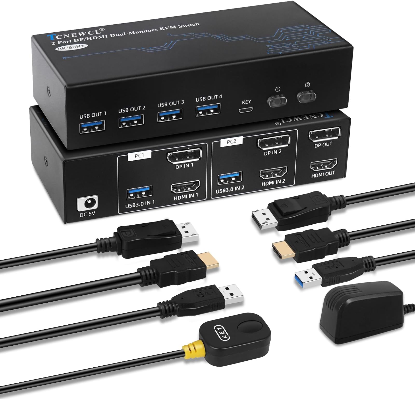 TCNEWCLHDMI Displayport KVM Switch 2 Computer 2 Monitor 8K@60Hz 4K@120Hz USB 3.0 Dual Monitor, with 2 HDMI + DP + USB Cables