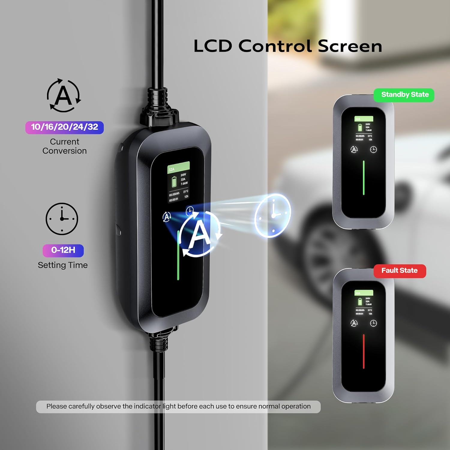 Close-up of the VIVOHOME EV charger's LCD control screen showing charging status and settings.