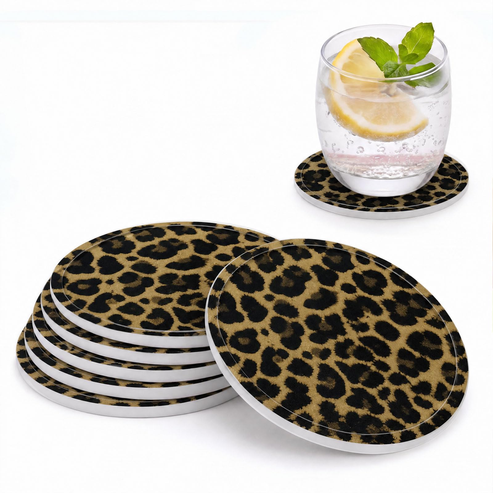 Ksriylm Leopard Print Silicone Coasters Set of 6, Non-Slip Spill-Proof Heat Resistant Round Drinks Coasters, Personalised Table Decor Cup Mat for Glasses Coffee Mugs Home Outdoor, Brown