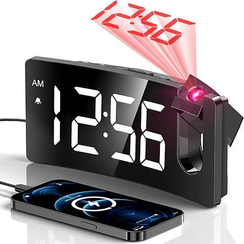 Reloj despertador de proyección, reloj digital con proyector giratorio de 180, atenuador de brillo de 3 niveles, pantalla LED transparente, cargador
