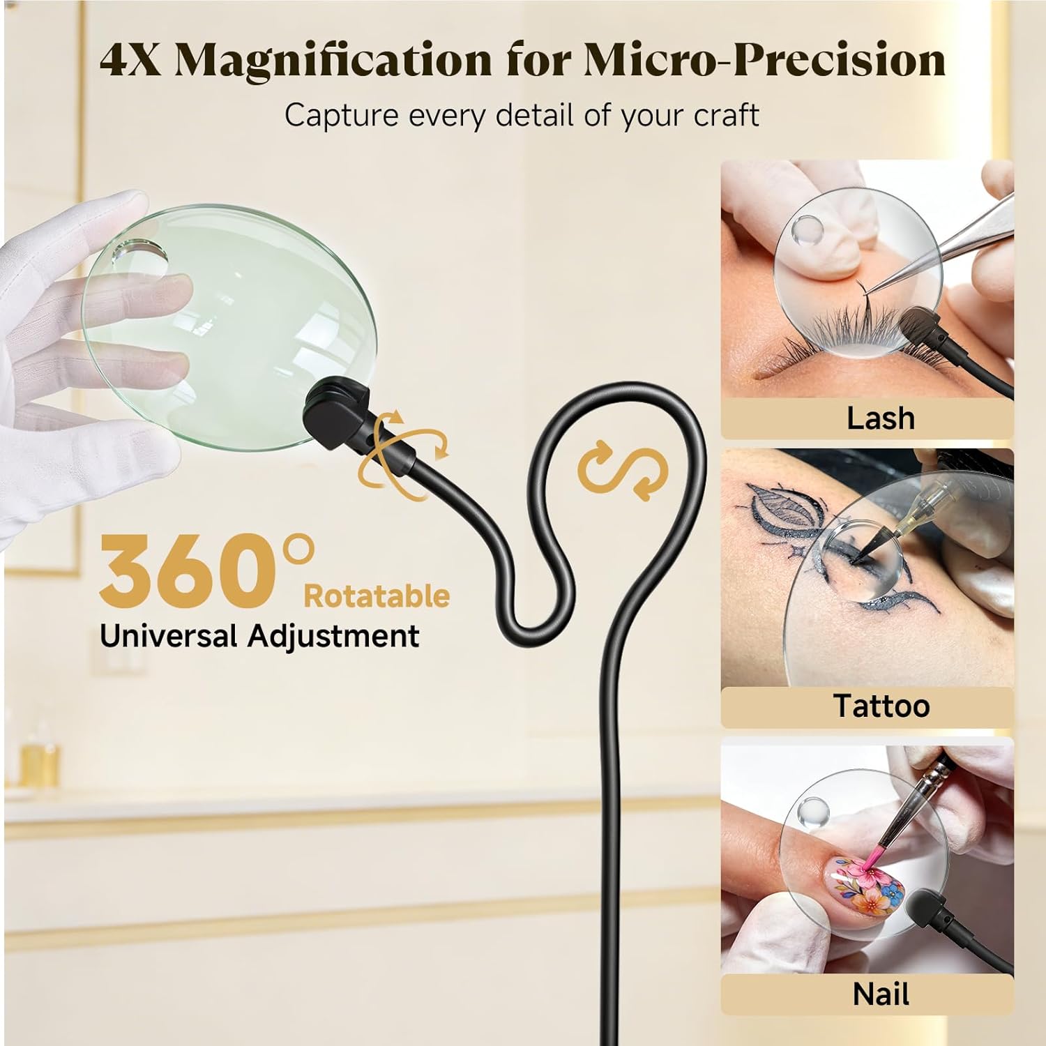 Half Moon Lash Light - Bling Diamond Lash Lamp with 4X Magnifier & Phone Holder, Adjustable Floor Lamp for Eyelash Extensions, Nail Art, Tattoo, Skincare, Dimmable Brightness, Rotating Head, Black