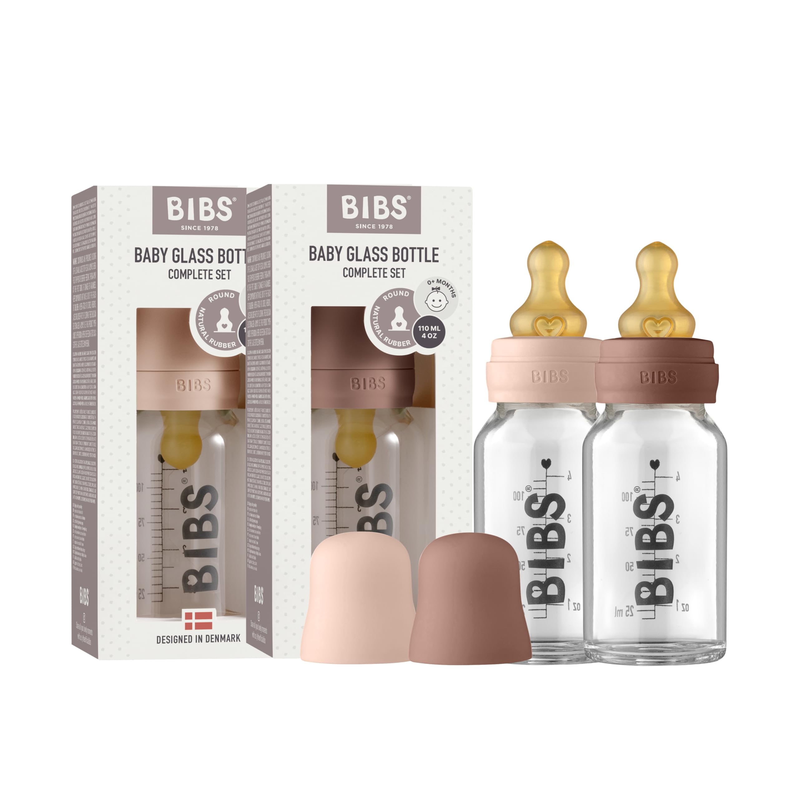 Biberon in vetro BIBS. Set di 2. Anti-coliche. Tettarella rotonda in lattice di gomma naturale. Favorisce l'allattamento naturale al seno, Complete Set - 110 ml (Pack of 2), Blush/Woodchuck