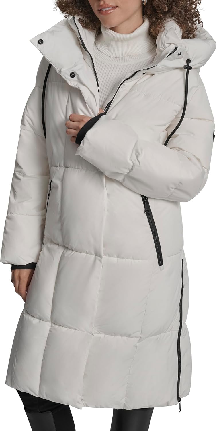 DKNY Women's Hooded Long Down Alternative Puffer Jacket, Black, Large