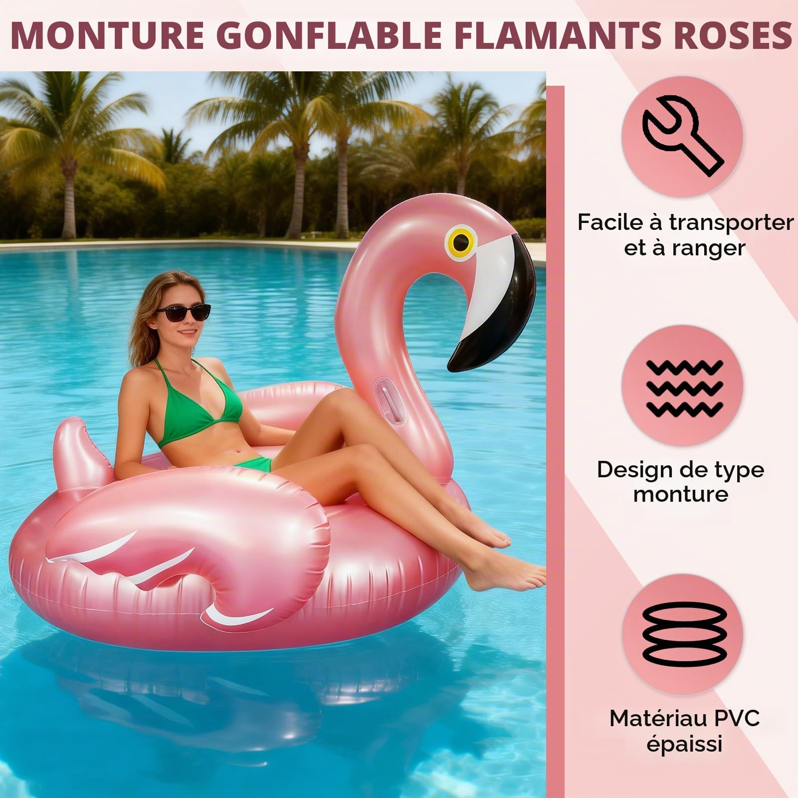 Flotteur de Piscine en Forme de Flamant pour Adultes, 110 × 93 cm Bouée de Natation Flamant Matelas Gonflable en PVC, Poids Maximal de 90 kg pour Estivaux, Rose
