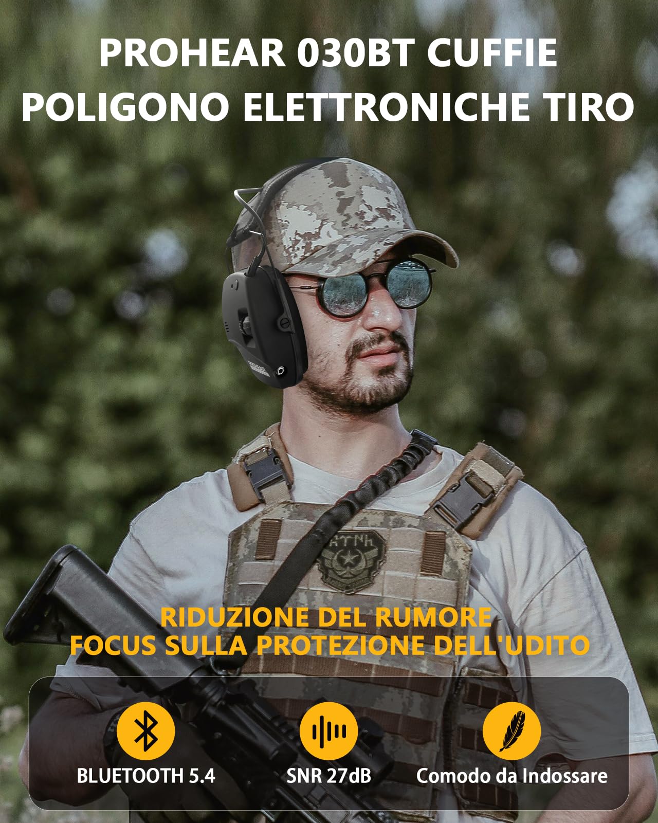 PROHEAR Cuffie Poligono Elettroniche Tiro Sostituibile Cuscinetti Orecchie, SNR 27dB Riduzione del Rumore Regolabile, Protezione dell'Udito de Caccia Amplificate Suono, Bluetooth