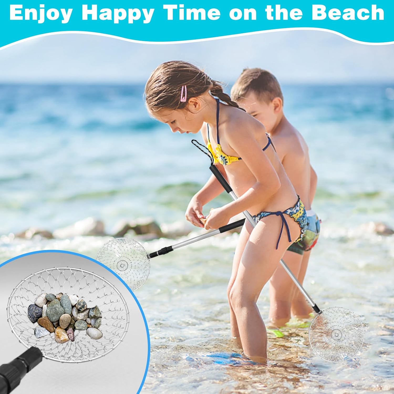 2Pcs Sand Sifter for the Beach, Shark Tooth Sifter Shell Scooper Sand Shovels, Retractable Beach Sand Sifter Shell Tool, Rock Scooper for Kids Girls Boys Picking Up Shells Beachcombing & Rock Hunting