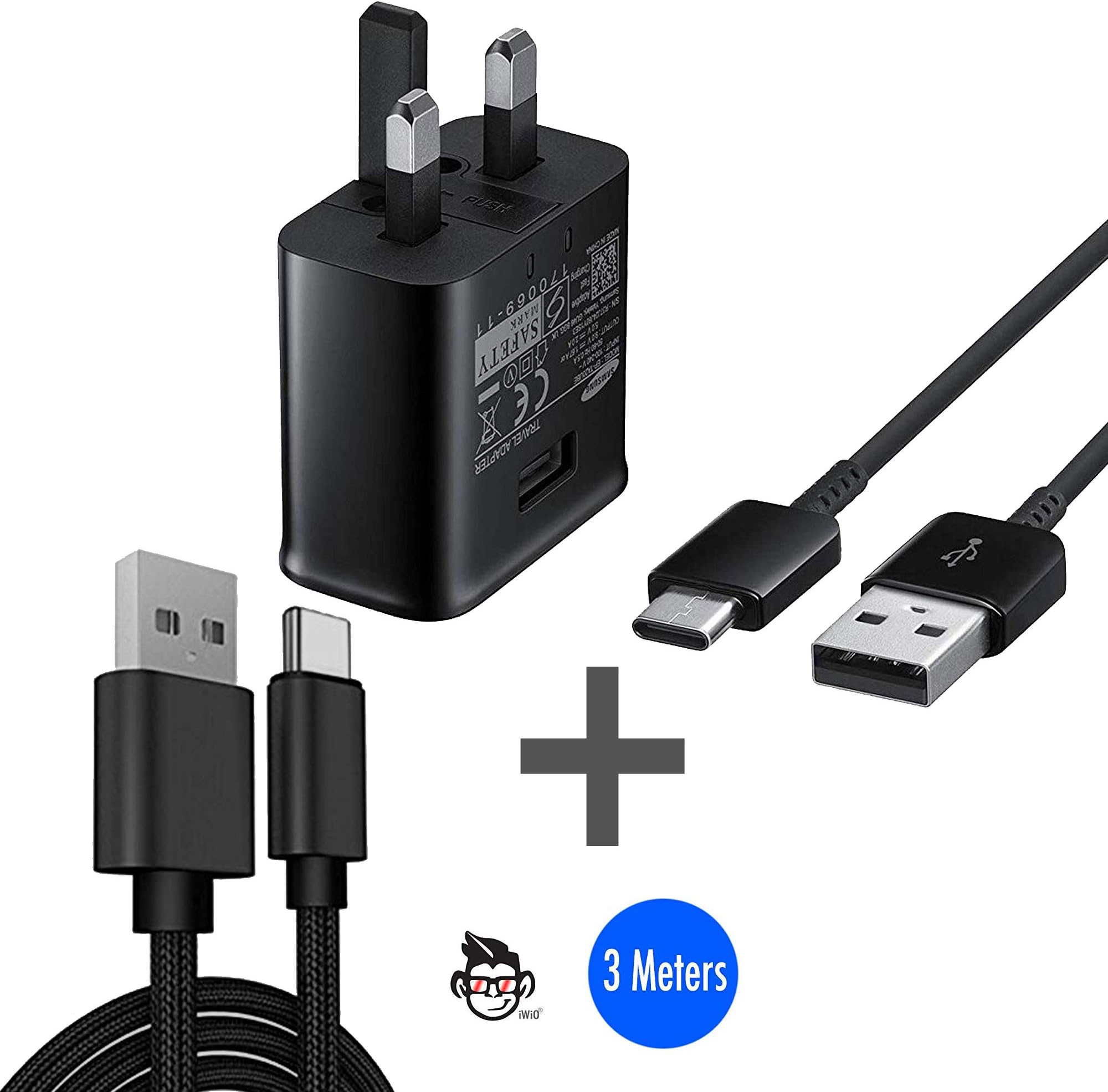 Samsung Fast Mains Adapter Charger With TYPE-C Cable & IWIO® 3m Braided TYPE-C Cable For Samsung Galaxy S8 / S8 Plus+ / S9 / S9 Plus / A5 (2017) / A7 (2017) (No Retail Packaging) - BLACK