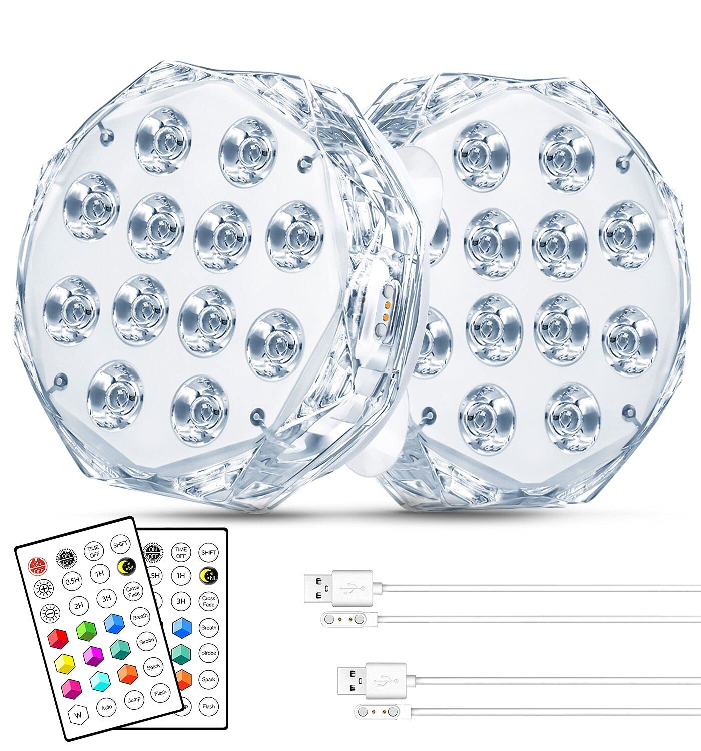 Idealife4” 20 LED Submersible LED Light - Independently and Group Controlled Pairable with Remote Magnetic Rechargeable Underwater Pool Light, Super Bright, Super Strong Magnet (2 Pack)