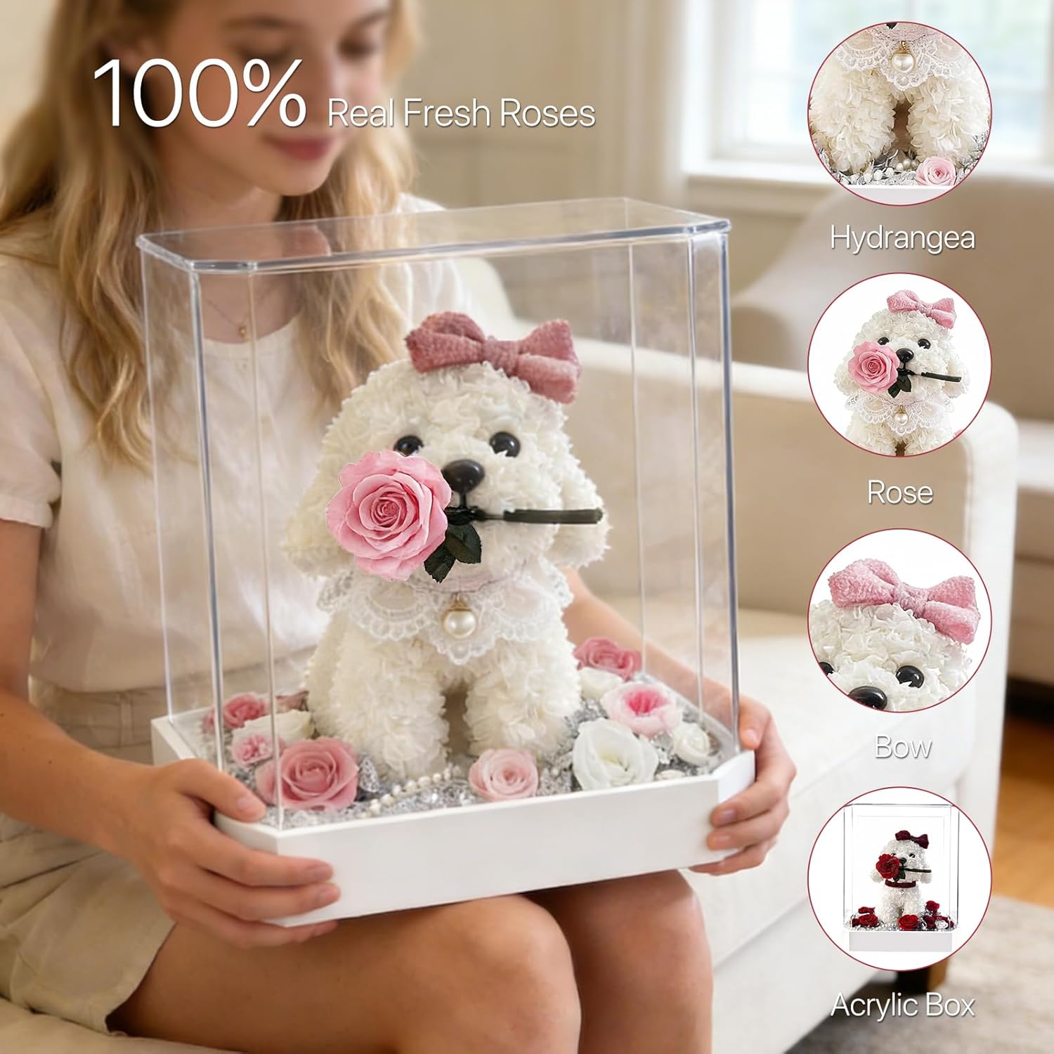 JoyFlower Preserved Flowers Cute Teddy Dog, Eternal Rose & Hydrangea Romantic Gift with Acrylic Cover for Girlfriend Wife Her Women on Valentine's Day, Birthday, Wedding, Anniversary, Christmas(Pink)