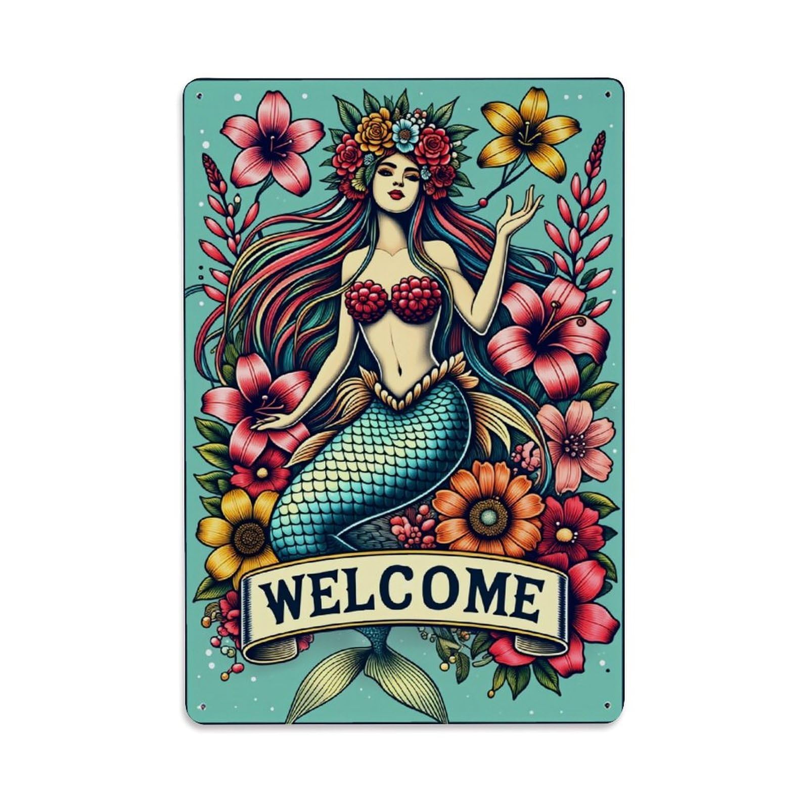 Jdfenggu Vintage Mermaid Floral Welcome Art Print Retro Metal Tin Sign, Decor Art Poster For Bar, Home, Man Cave, Kitchen, Laundry Room Gift 8X12inch