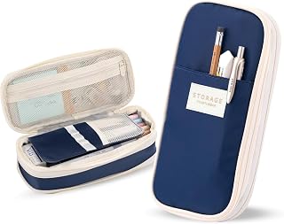 Lyrovo Large Capacity Pencil Pouch Case for School & Office Multi Compartment Organizer Durable Nylon (Navy Blue) Price In India