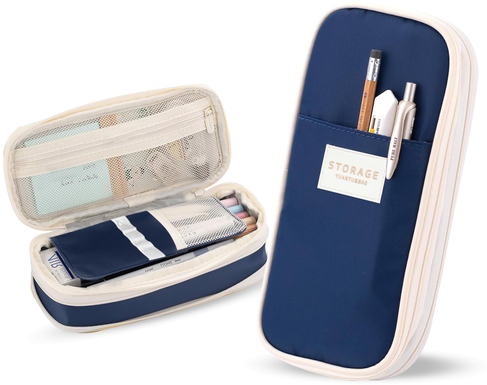 Lyrovo Large Capacity Pencil Pouch Case for School & Office Multi Compartment Organizer Durable Nylon (Navy Blue)-image-1