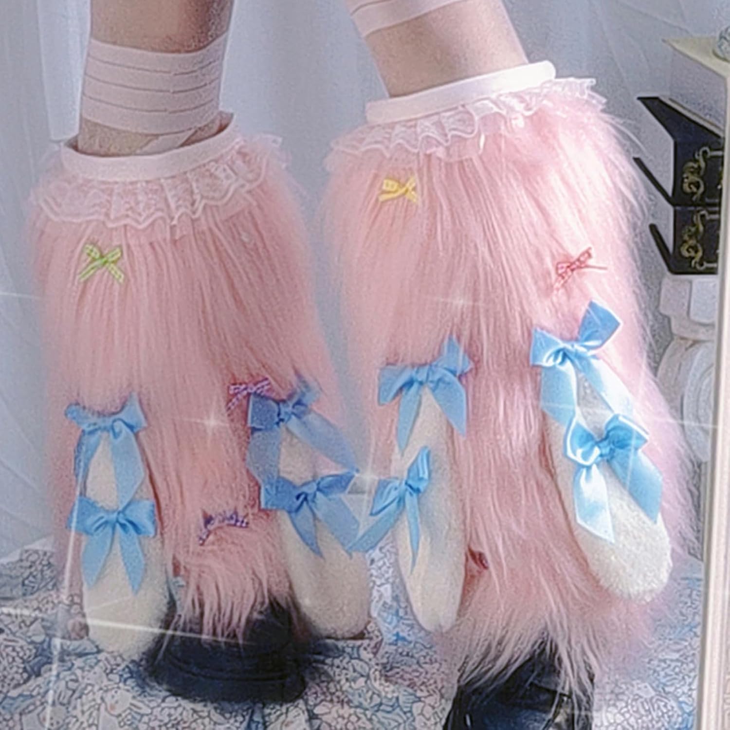 Japanese Anime Rabbits Ears Bowknot Fuzzy Leg Warmers for Women Girls Ruffle Lace Trim Plush Boot Covers Long Socks
